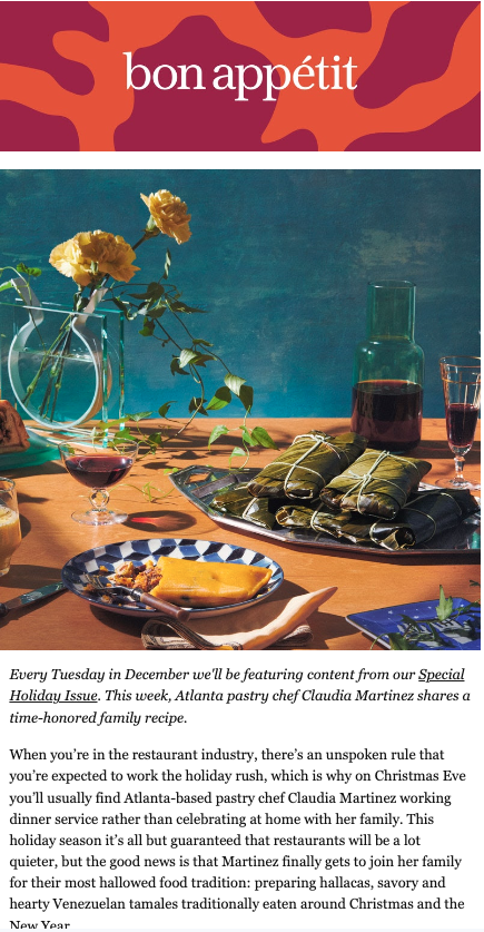 Bon Appétit newsletter featuring hallacas, a Venezuelan holiday meal