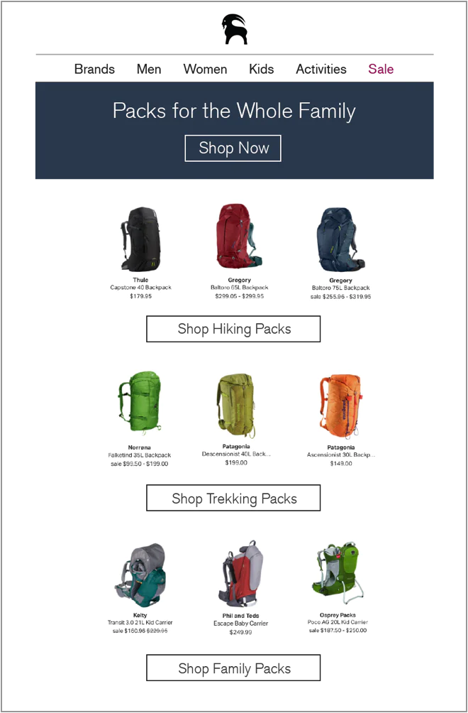 Backcountry sends personalized emails with separate categories broken out by specific use cases.